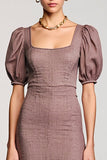 Coffee A Line Square Neck Long Wedding Guest Dress with Puff Sleeves