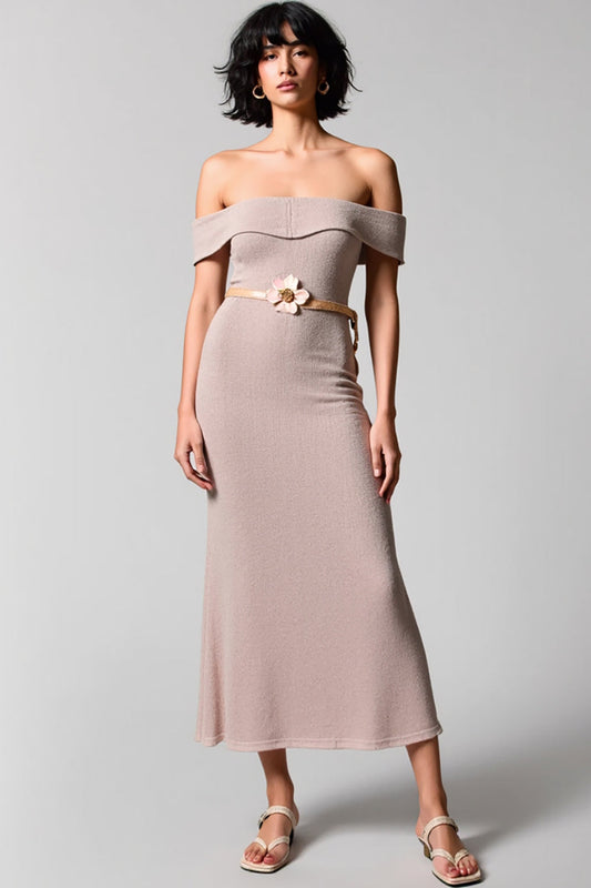 Simple Fog Off the Shoulder Midi Wedding Guest Dress