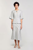 Grey Satin 2 Piece Round Neck Midi Business Suits with Half Sleeves