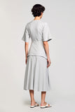 Grey Satin 2 Piece Round Neck Midi Business Suits with Half Sleeves