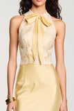 Yellow Halter Bodycon Midi Bow Wedding Guest Dress