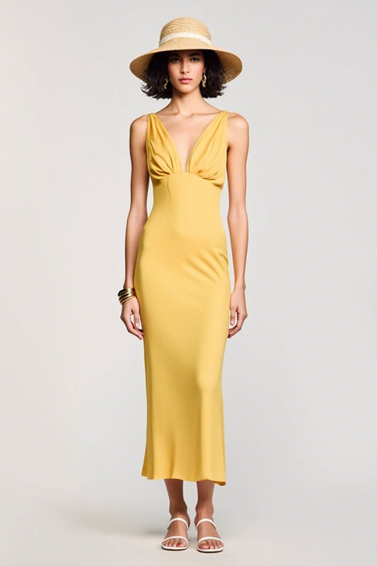 Yellow Sheath V Neck Ruched Wedding Guest Dress