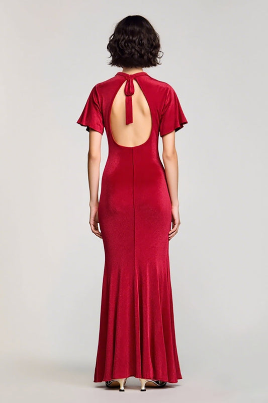 Velvet Red V Neck Short Sleeves Wedding Guest Dress with Slit