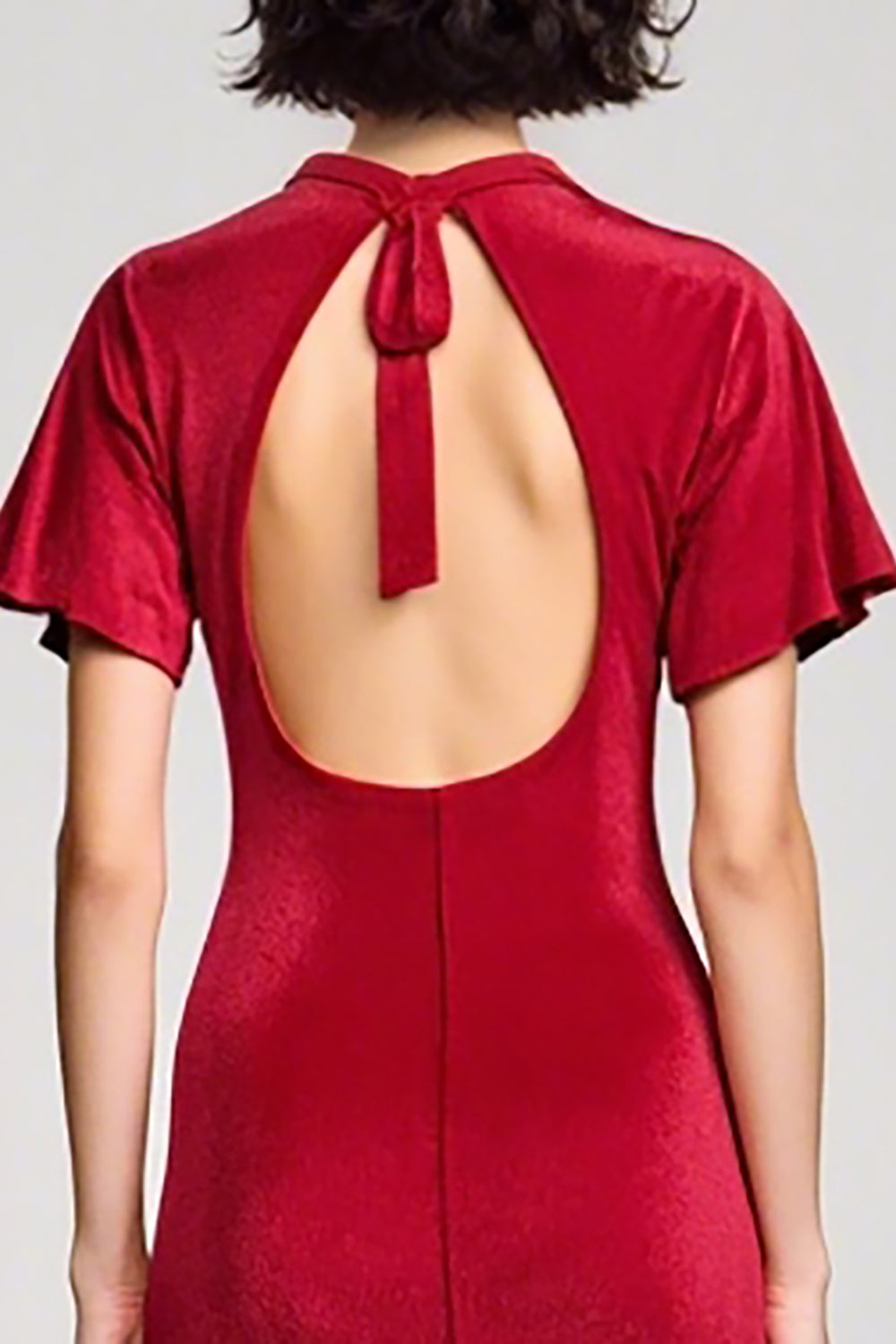 Velvet Red V Neck Short Sleeves Wedding Guest Dress with Slit