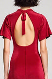 Velvet Red V Neck Short Sleeves Wedding Guest Dress with Slit