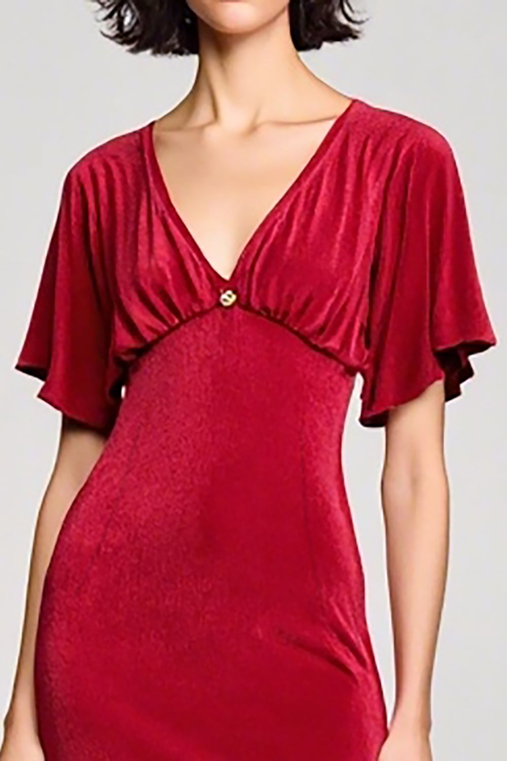 Velvet Red V Neck Short Sleeves Wedding Guest Dress with Slit
