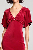 Velvet Red V Neck Short Sleeves Wedding Guest Dress with Slit