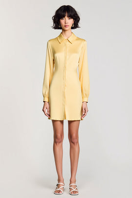 Yellow Long Sleeves Collar Neck Satin Short Wedding Guest Dress