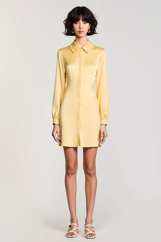 Yellow Long Sleeves Collar Neck Satin Short Wedding Guest Dress