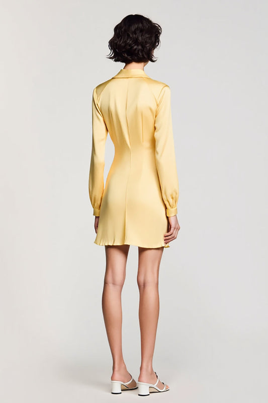 Yellow Long Sleeves Collar Neck Satin Short Wedding Guest Dress