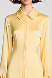 Yellow Long Sleeves Collar Neck Satin Short Wedding Guest Dress
