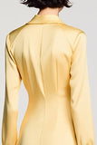 Yellow Long Sleeves Collar Neck Satin Short Wedding Guest Dress
