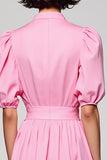 Pink Cotton Ruched A Line Wedding Guest Dress with Sleeves