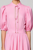 Pink Cotton Ruched A Line Wedding Guest Dress with Sleeves