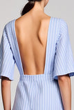 Blue A Line Striped 3D Flower Wedding Guest Dress with Sleeves
