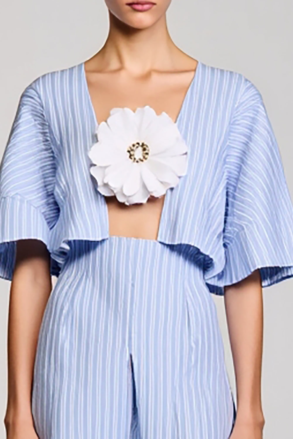 Blue A Line Striped 3D Flower Wedding Guest Dress with Sleeves