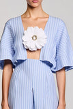 Blue A Line Striped 3D Flower Wedding Guest Dress with Sleeves