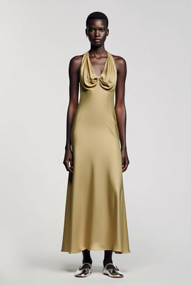 Gold Halter Satin A Line Long Wedding Guest Dress