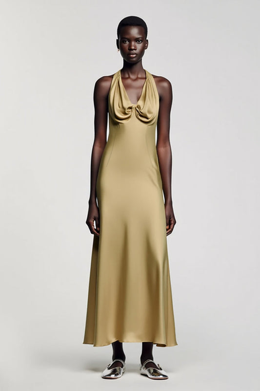 Gold Halter Satin A Line Long Wedding Guest Dress