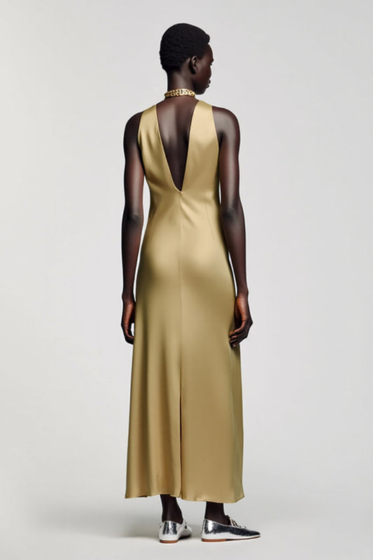 Gold Halter Satin A Line Long Wedding Guest Dress