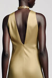 Gold Halter Satin A Line Long Wedding Guest Dress