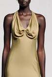 Gold Halter Satin A Line Long Wedding Guest Dress