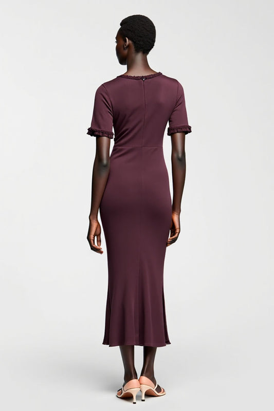 Dark Red Sheath Satin Wedding Guest Dress with Sleeves