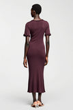 Dark Red Sheath Satin Wedding Guest Dress with Sleeves