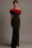 Black and Pink Satin Off the Shoulder Sheath Long Evening Dress