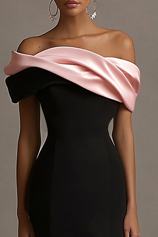 Black and Pink Satin Off the Shoulder Sheath Long Evening Dress