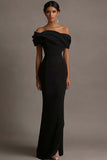 Black and Pink Satin Off the Shoulder Sheath Long Evening Dress