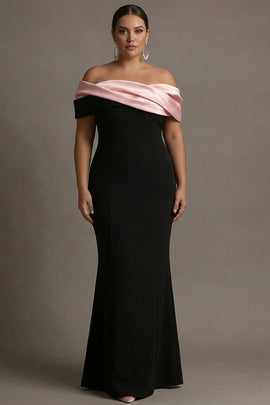 Plus Size Black and Pink Satin Off the Shoulder Long Formal Dress