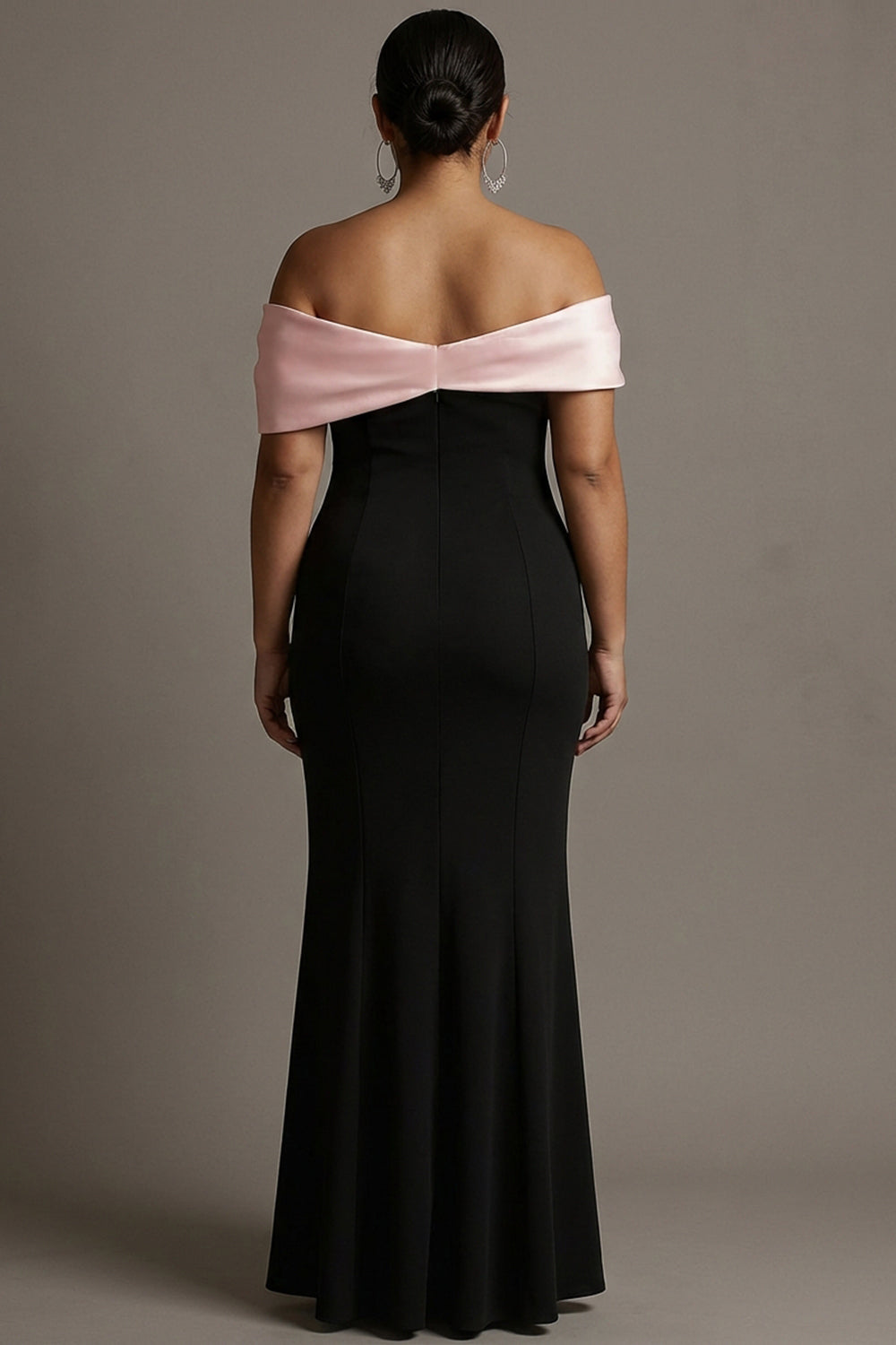 Plus Size Black and Pink Satin Off the Shoulder Long Formal Dress