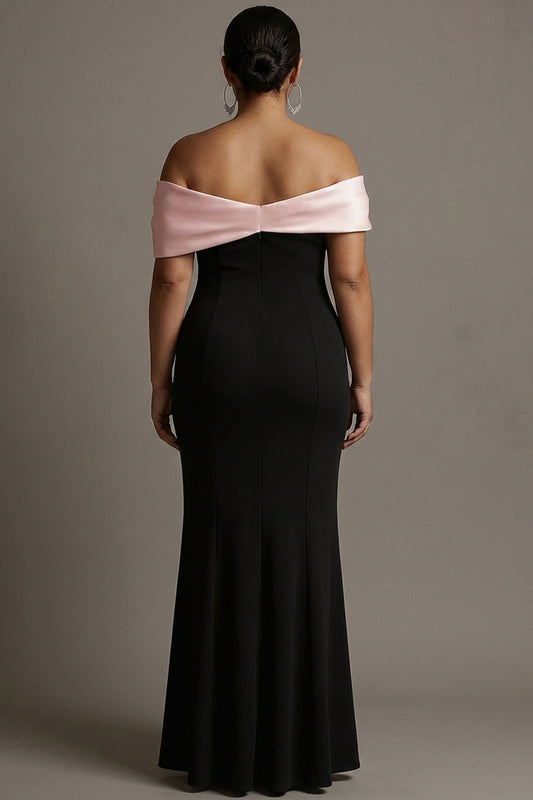 Plus Size Black and Pink Satin Off the Shoulder Long Formal Dress