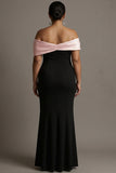 Plus Size Black and Pink Satin Off the Shoulder Long Formal Dress