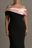 Plus Size Black and Pink Satin Off the Shoulder Long Formal Dress