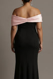 Plus Size Black and Pink Satin Off the Shoulder Long Formal Dress
