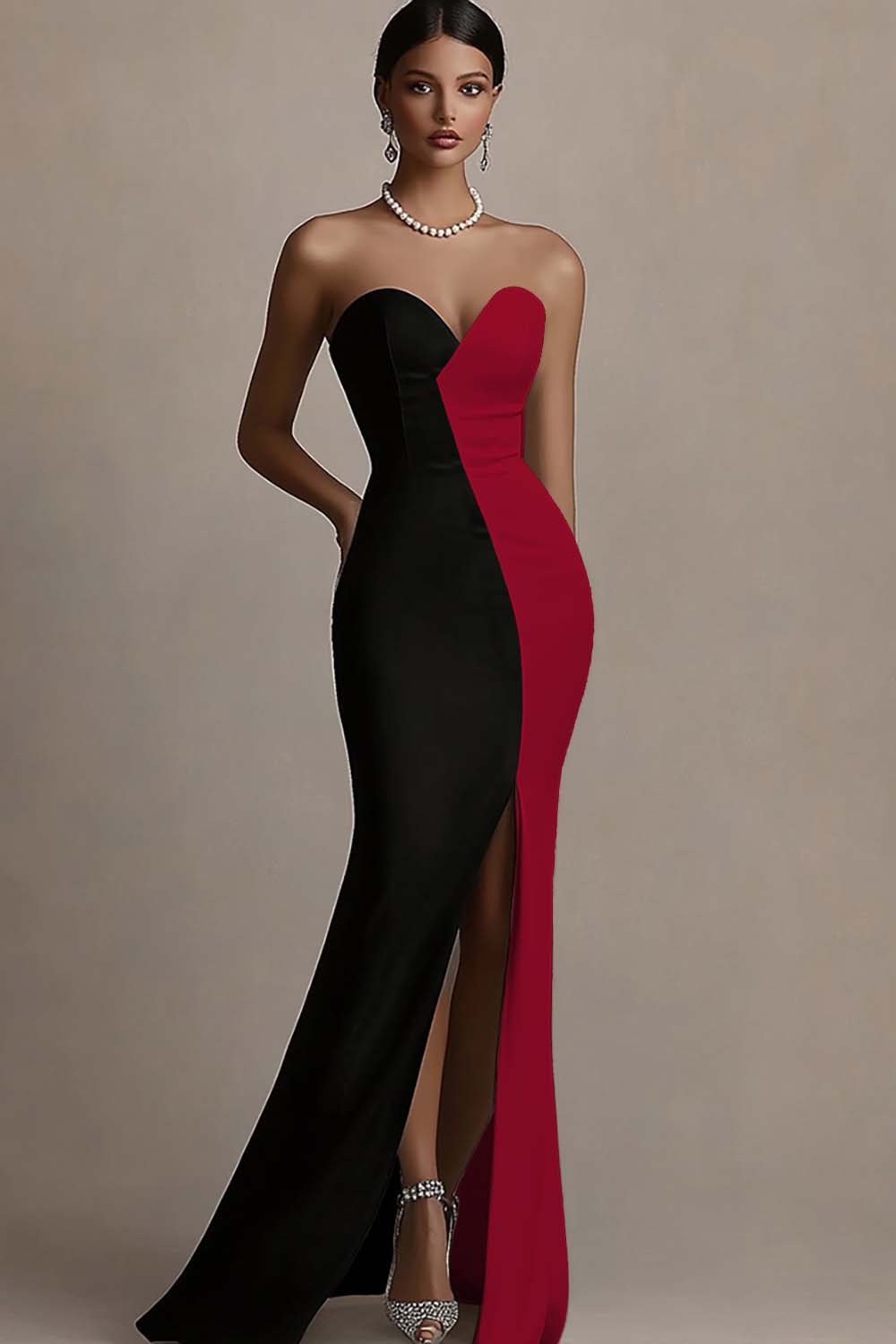 Zapakasa Women Black and White Satin Black Tie Dress with Slit Mermaid Strapless Long Formal Dress Zapakasa Women Black and White Satin Black Tie Dress with Slit Mermaid Strapless Long Formal Dress