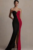 Black and White Sweetheart Satin Long Evening Dresses with Slit