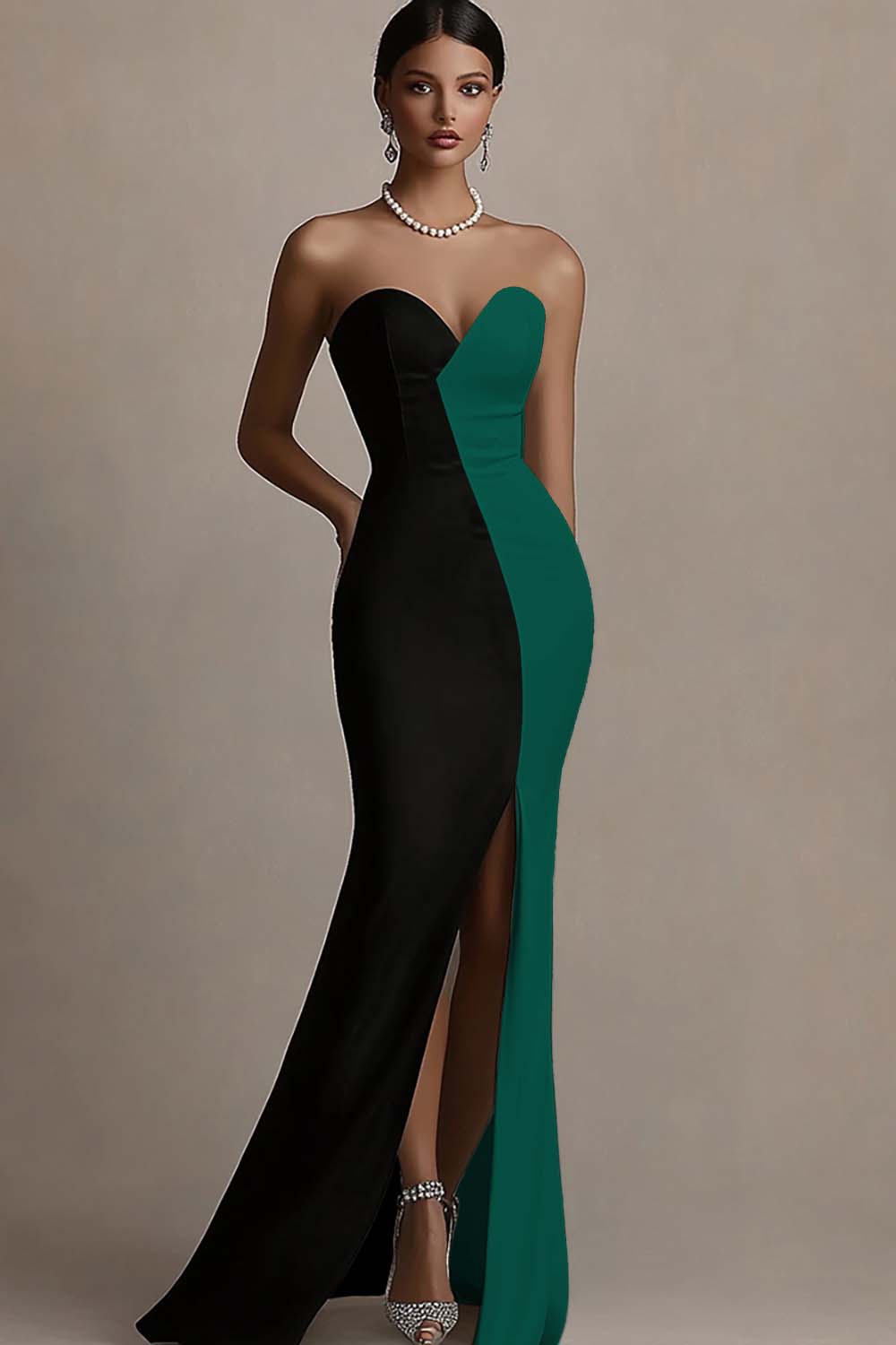 Zapakasa Women Black and White Satin Black Tie Dress with Slit Mermaid Strapless Long Formal Dress Zapakasa Women Black and White Satin Black Tie Dress with Slit Mermaid Strapless Long Formal Dress