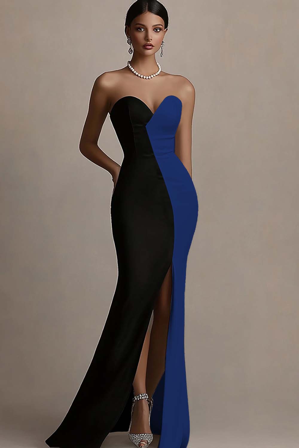Zapakasa Women Black and White Satin Black Tie Dress with Slit Mermaid Strapless Long Formal Dress Zapakasa Women Black and White Satin Black Tie Dress with Slit Mermaid Strapless Long Formal Dress