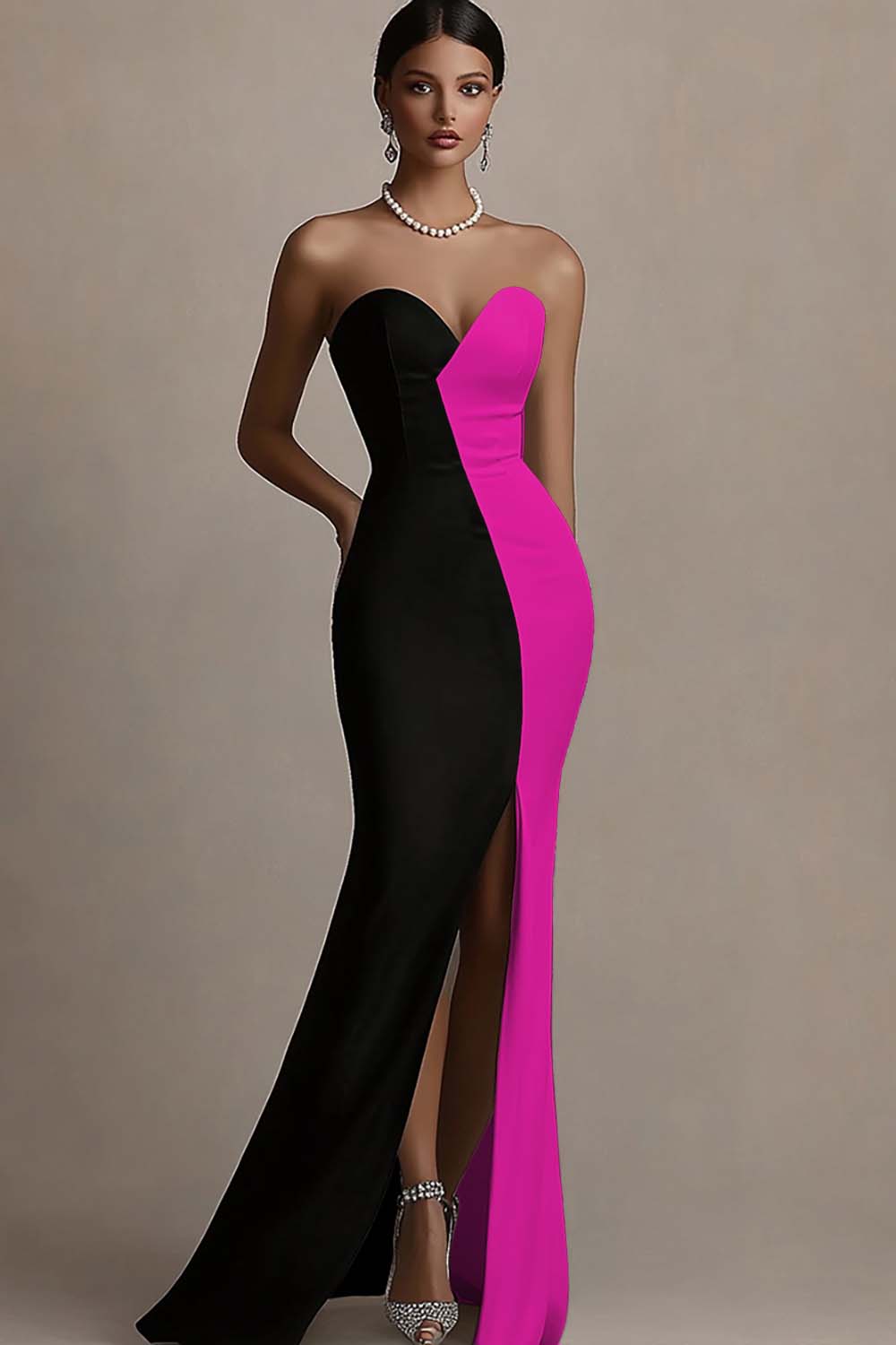 Zapakasa Women Black and White Satin Black Tie Dress with Slit Mermaid Strapless Long Formal Dress Zapakasa Women Black and White Satin Black Tie Dress with Slit Mermaid Strapless Long Formal Dress