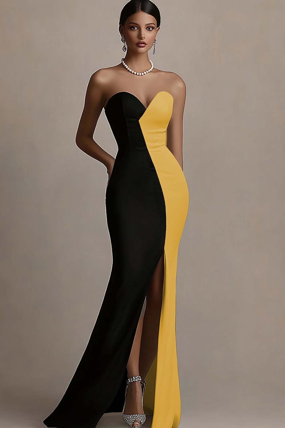 Zapakasa Women Black and White Satin Black Tie Dress with Slit Mermaid Strapless Long Formal Dress Zapakasa Women Black and White Satin Black Tie Dress with Slit Mermaid Strapless Long Formal Dress