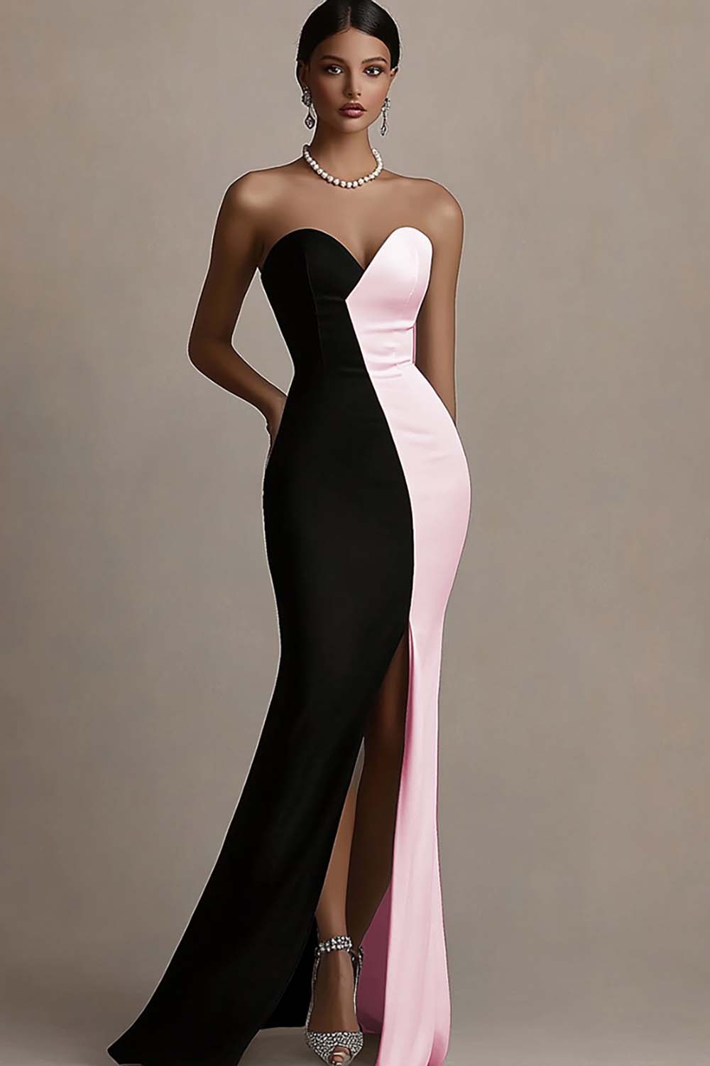 Black and White Sweetheart Satin Long Evening Dresses with Slit