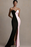 Black and White Sweetheart Satin Long Evening Dresses with Slit