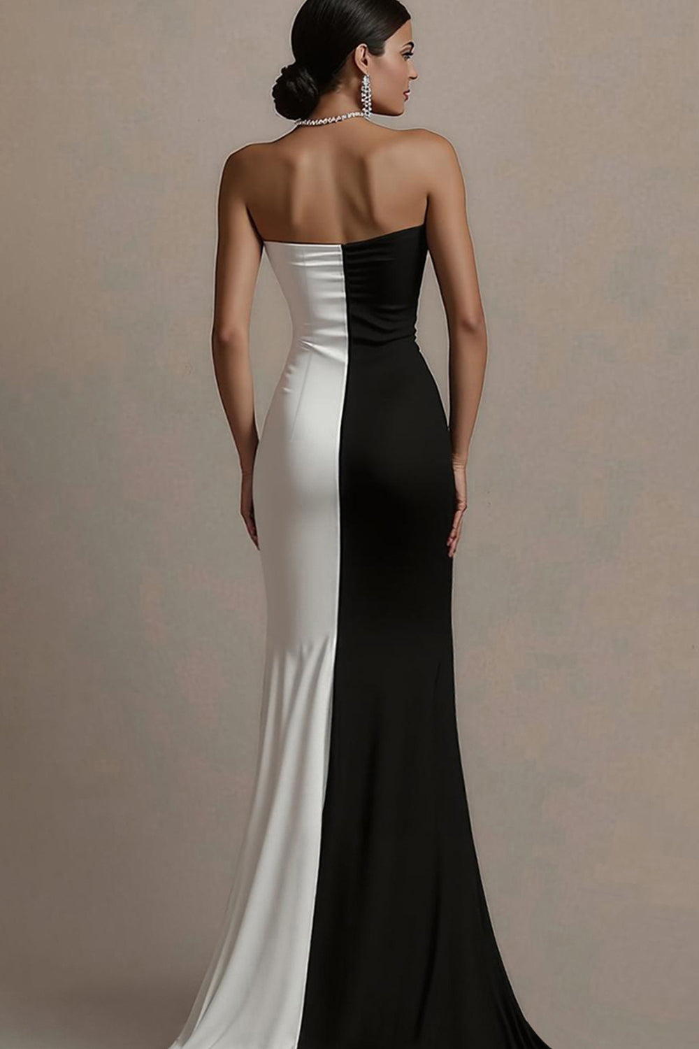 Zapakasa Women Black and White Satin Black Tie Dress with Slit Mermaid Strapless Long Formal Dress Zapakasa Women Black and White Satin Black Tie Dress with Slit Mermaid Strapless Long Formal Dress