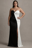 Black and White Sweetheart Satin Long Evening Dresses with Slit