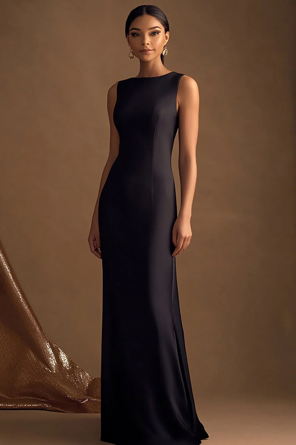 Black Satin Long Evening Dress Boat Neck Sheath Sleeveless Formal Dress