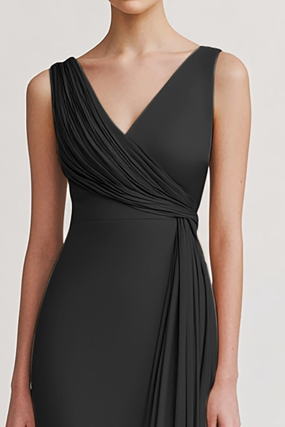 Black V Neck Long Sheath Evening Dress with Ruffles
