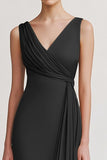 Black V Neck Long Sheath Evening Dress with Ruffles